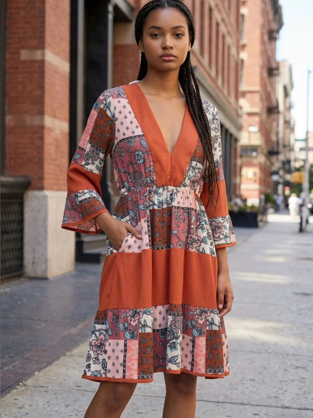 Patchwork V-Neck Midi Dress in Rust and Blush - Picture 10 of 10